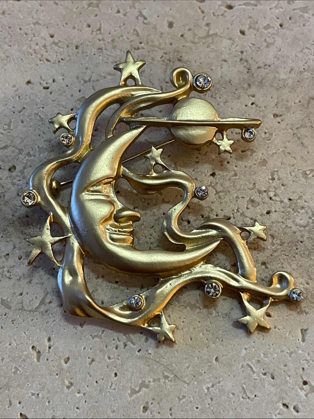 Gold Celestial Moon Stars Brooch Rhinestone Crescent Face Statement Pin